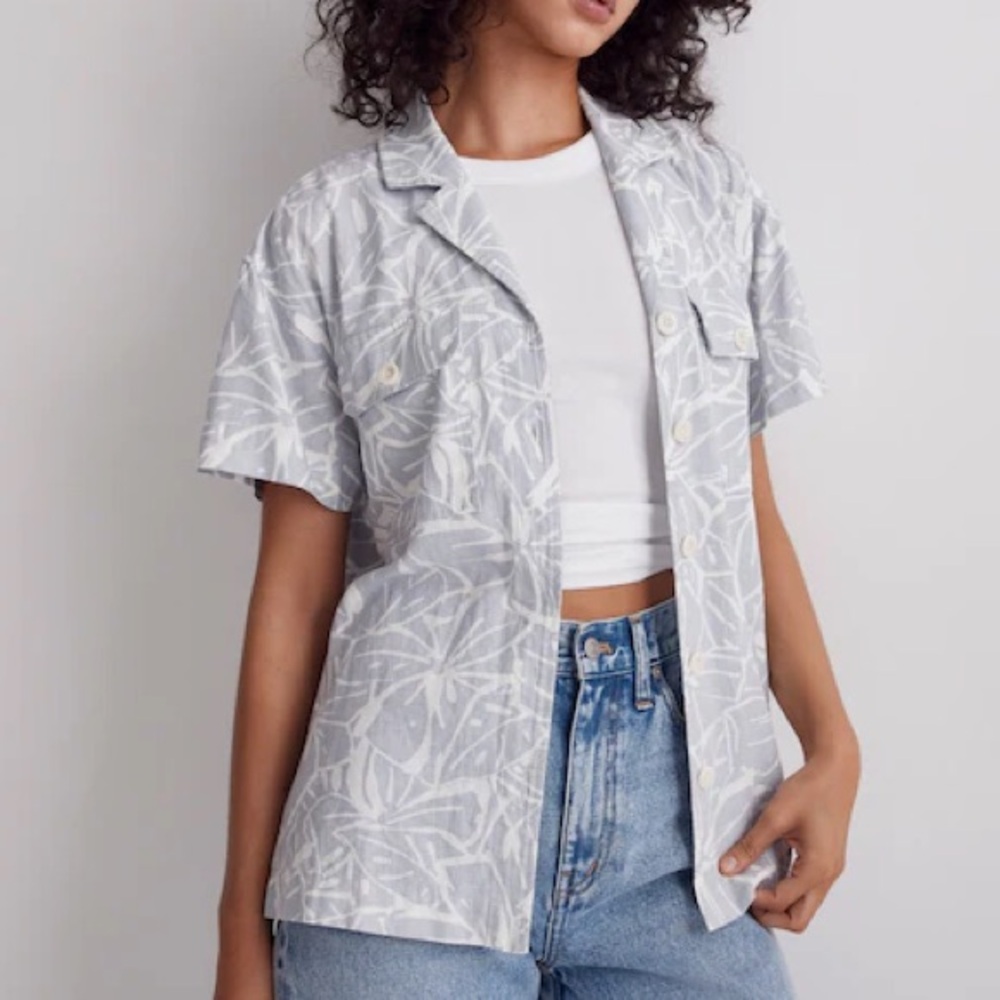 Madewell Linen-Blend Camp‎ Shirt in Abstract Flora in Gray Cool Fog Button Down
